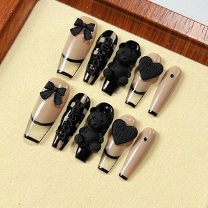 Handmade Press on Nails Long Coffin Black Bear