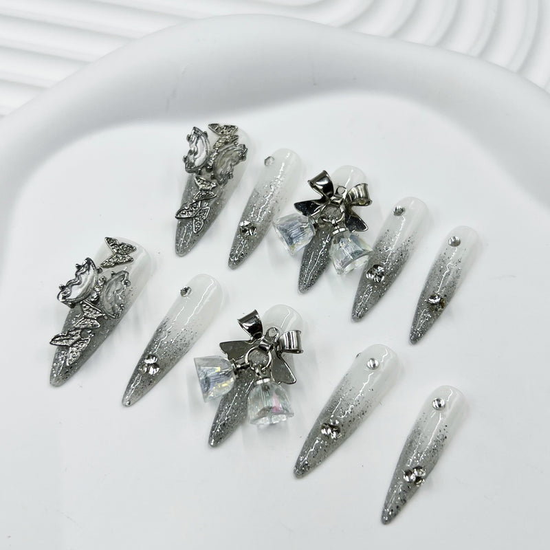 Handmade Press On Nails Long Stiletto Crystal Charm