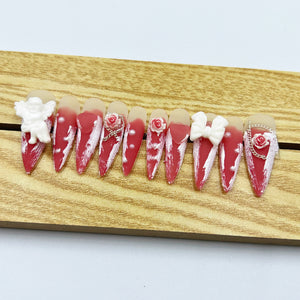 Handmade Press On Nails Long Stiletto Pink Flower Angel