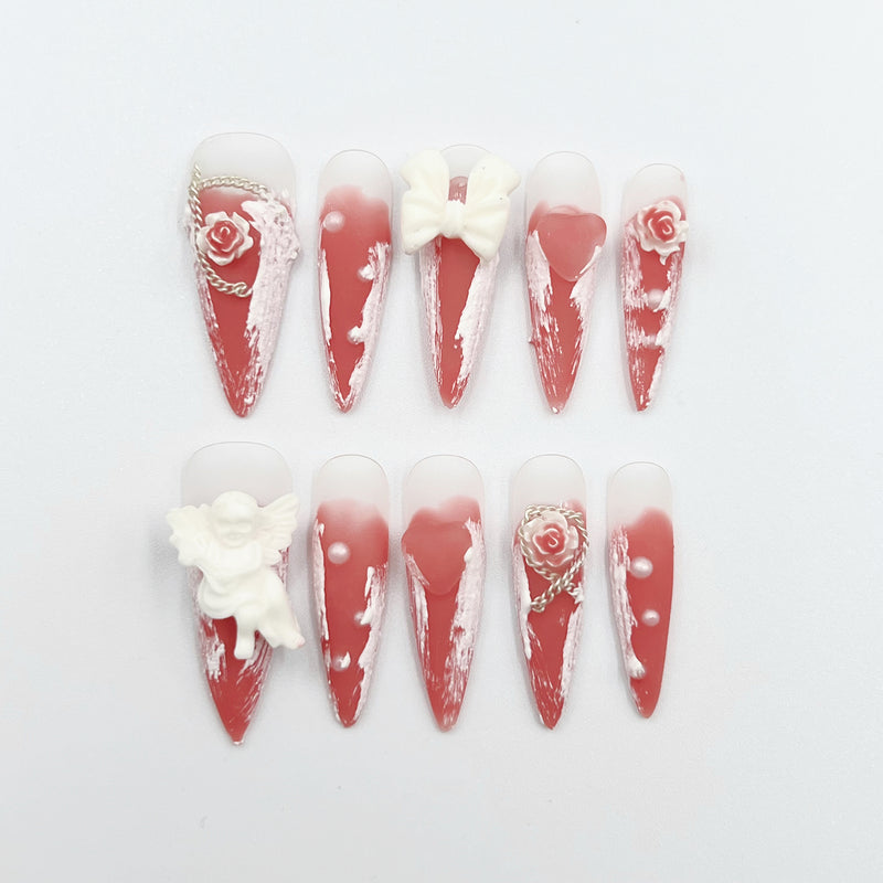 Handmade Press On Nails Long Stiletto Pink Flower Angel