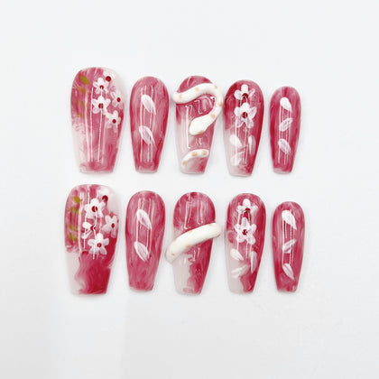 Handmade Press On Nails Halloween Medium Coffin Floral Snake