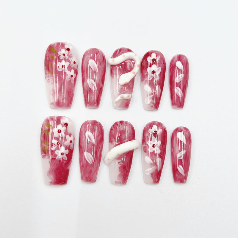 Handmade Press On Nails Halloween Medium Coffin Floral Snake